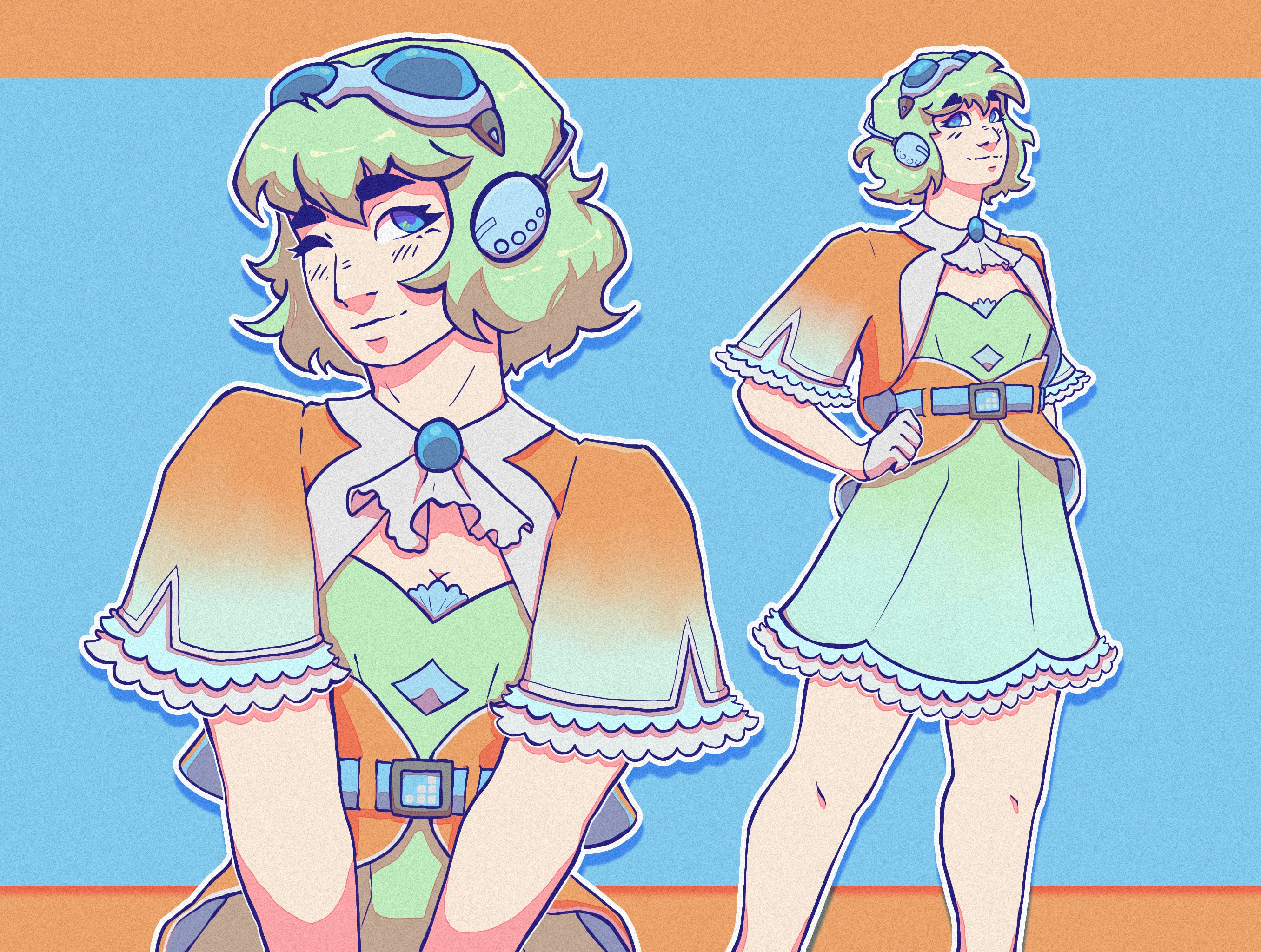 a digital fullbody illustration of Gumi in her Synthesiser V2 costume.